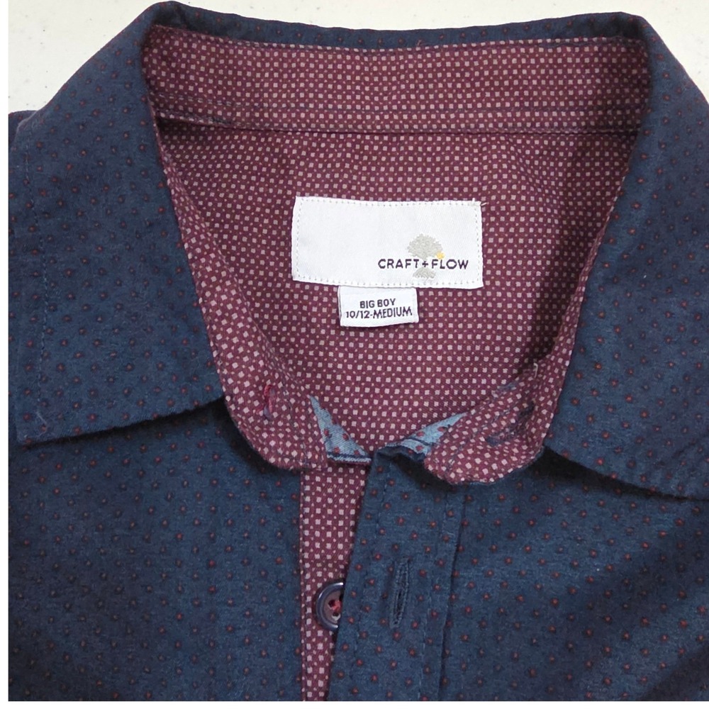 Craft + Flow Big Boy Navy Blue Red Micro Dot Button Down Shirt Size 10/12 Medium